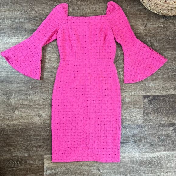 Trina Turk Pink Favor Bell Flare Sleeve Dress Textured Floral - Picture 1 of 6